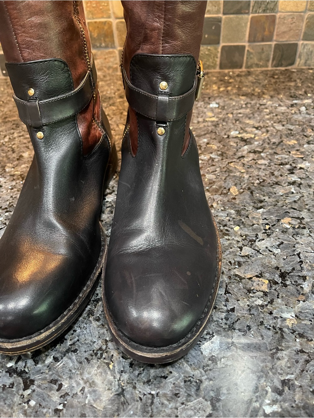 Vince Camuto Flavian Riding Boots Black and Brown Crest Two-Tone 10 - Picture 11 of 16